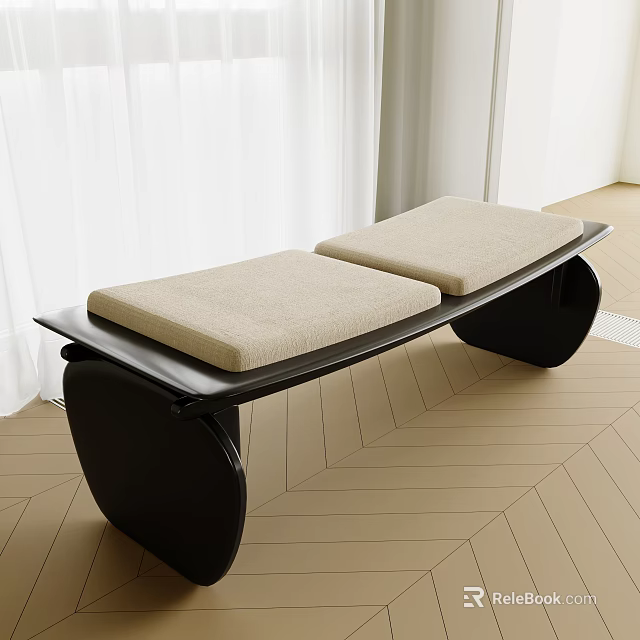 Modern Bed Bench Featuring Black Frame And Two Beige Upholstered Seats 3d model