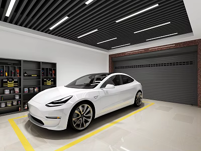 Modern Parking Garage With White Car Yellow Lines LED Lighting And Storage Cabinets 3d model