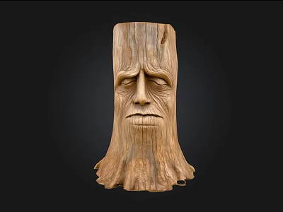 Handcrafted Wooden Tree Stump Sculpture With Human Face Texture Design 3d model