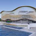 Modern Sales Office Building With Curved Glass Facade And Landscaped Gardens Including Trees And Parking