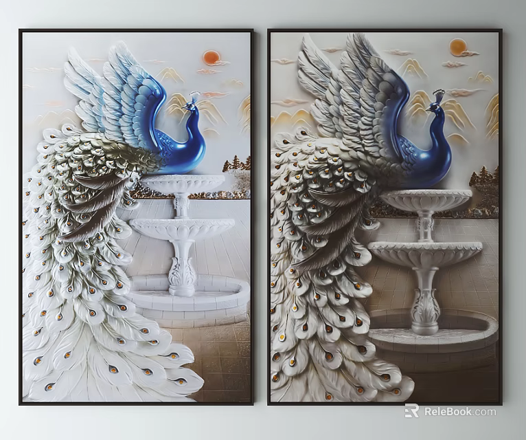 Decorative Peacock Animal Painting With Blue Head White Feathers Fountain And Sun 3d model 