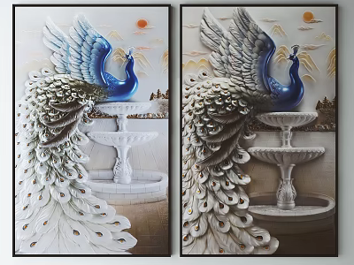 Decorative Peacock Animal Painting With Blue Head White Feathers Fountain And Sun 3d model