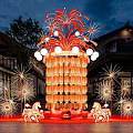 Traditional Red Gold Lantern Art Installation With Firework Decorations And Lion Sculptures