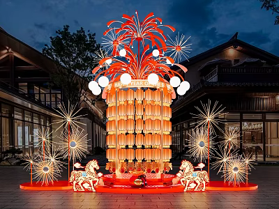 Traditional Red Gold Lantern Art Installation With Firework Decorations And Lion Sculptures 3d model