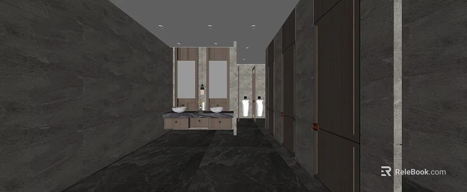 Modern Public Restroom Design With Marble Walls Double Sink Vanity And Stalls 3d model 
