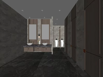 Modern Public Restroom Design With Marble Walls Double Sink Vanity And Stalls 3d model