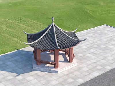 Traditional Chinese Pavilion With Black Tile Roof Red Columns On Square Tile Platform Green Lawn 3d model