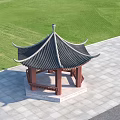 Traditional Chinese Pavilion With Black Tile Roof Red Columns On Square Tile Platform Green Lawn