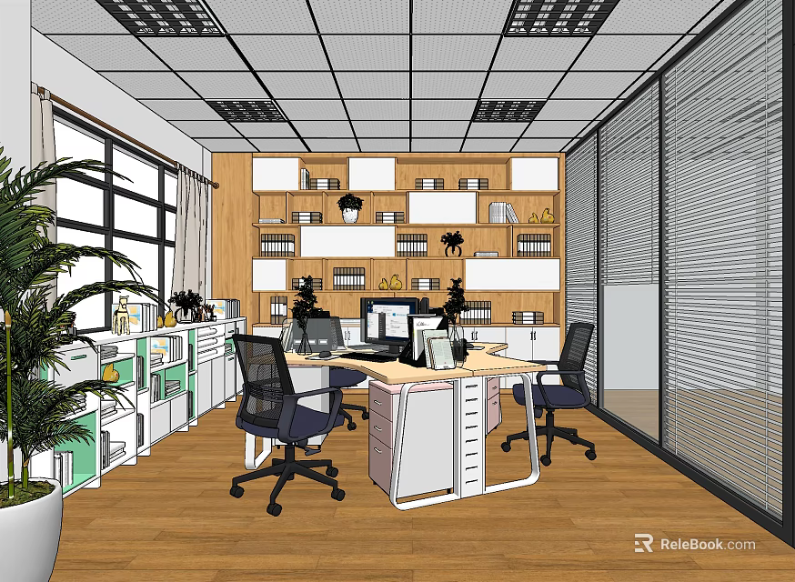 Modern Office Interior Design With Wooden Bookshelves Office Desks Computers Ergonomic Chairs And Potted Plants 3d model 