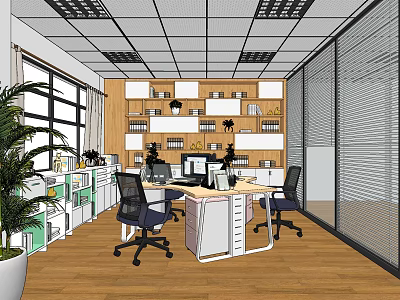 Modern Office Interior Design With Wooden Bookshelves Office Desks Computers Ergonomic Chairs And Potted Plants 3d model