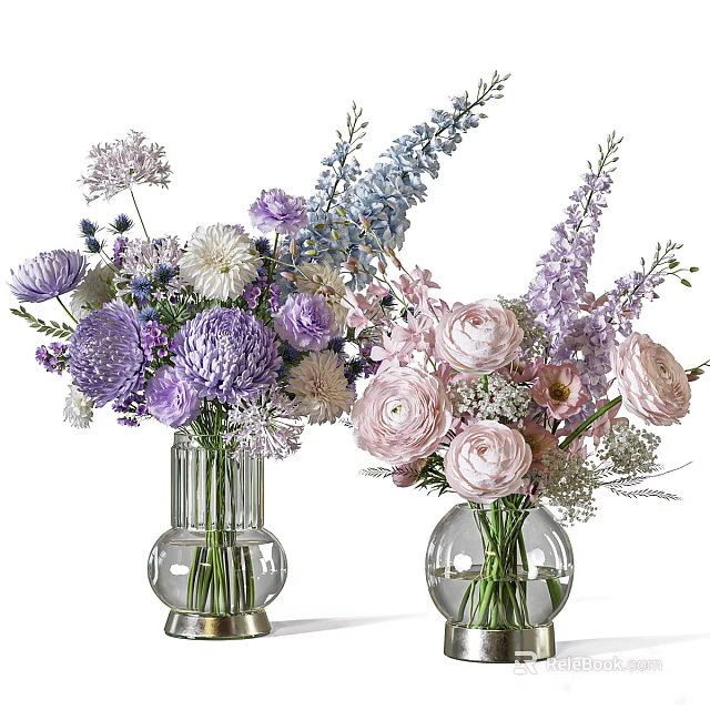 Glass Vases with Pink Roses Purple Lavender and White Daisies for Home Decor 3d model 
