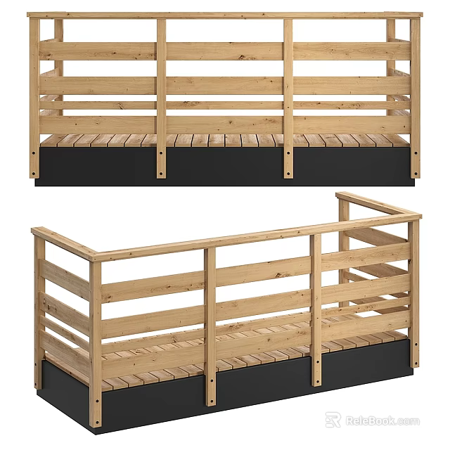 Wooden Platform Rail Design Featuring Horizontal Slats And Black Base Structure 3d model