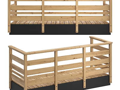 Wooden Platform Rail Design Featuring Horizontal Slats And Black Base Structure 3d model