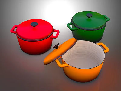 Colorful Kitchen Cooking Pots With Red Green Orange Bodies And Open Lid 3d model