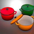 Colorful Kitchen Cooking Pots With Red Green Orange Bodies And Open Lid