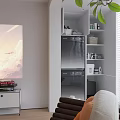 Organized Home Balcony With Stacked Washing Machine Dryer White Shelves Laundry Supplies And White Blinds