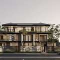 Modern Two Story Townhouse Exterior With Balconies Greenery Surrounding Trees And Stone Fence