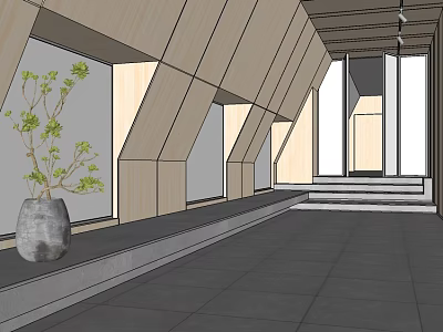 Hotel Corridor Interior Design With Wooden Ceiling Large Windows Stone Vase And Green Plant 3d model
