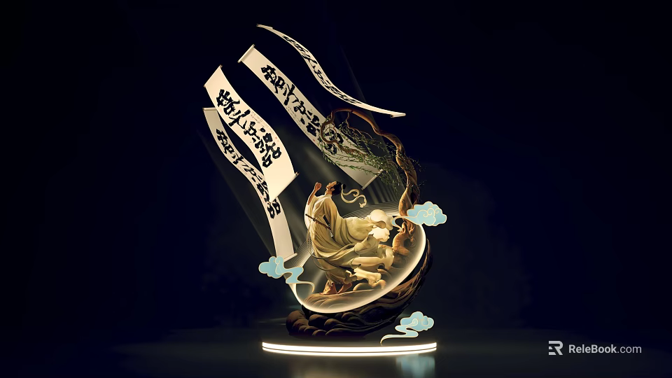 Artistic Floral Installation Design With Chinese Calligraphy And Cloud Decor Elements 3d model