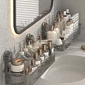 Modern Bathroom Wash Supplies Storage With Wall Mounted Rack Gold Accent Bottles And Marble Top
