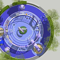 Children's Play Area With Circular Design Blue Floor Green Central Structure And Trees