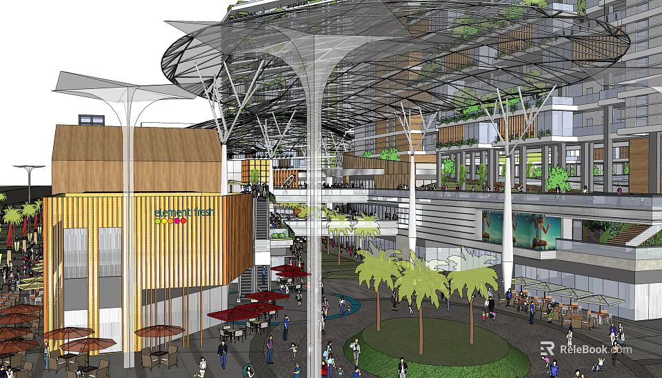 Modern Commercial Street With Covered Structure Palm Trees And Pedestrian Areas 3d model 