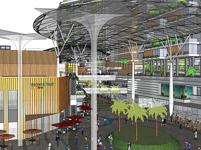 Modern Commercial Street With Covered Structure Palm Trees And Pedestrian Areas 3d model