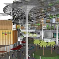 Modern Commercial Street With Covered Structure Palm Trees And Pedestrian Areas