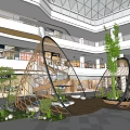 Modern Shopping Mall Exhibition Hall Interior With Spiral Staircase Green Plants And Water Pool