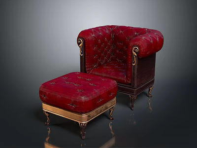 Red Tufted Velvet Armchair With Matching Ottoman And Gold Accent Dark Wood Legs 3d model