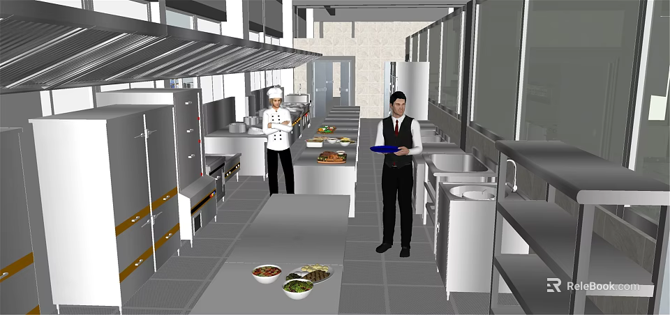 Professional Restaurant Kitchen With Chef Waiter Stainless Steel Cabinets And Food Dishes 3d model 