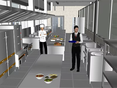Professional Restaurant Kitchen With Chef Waiter Stainless Steel Cabinets And Food Dishes 3d model
