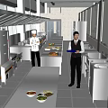 Professional Restaurant Kitchen With Chef Waiter Stainless Steel Cabinets And Food Dishes