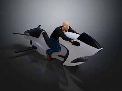 Sleek Futuristic Motorcycle with Male Rider on Aerodynamic White Black Body in Modern Studio 3d model