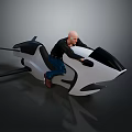 Sleek Futuristic Motorcycle with Male Rider on Aerodynamic White Black Body in Modern Studio