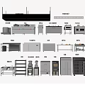 Various Kitchen Equipment Including Stoves Sinks Cabinets Shelves Refrigerators And Steam Ovens