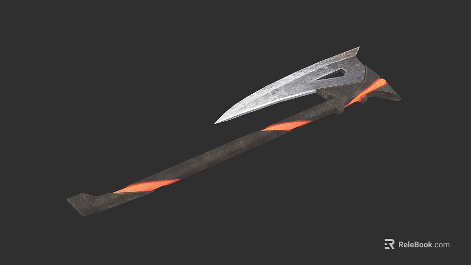 Sharp Metal Blade Battle Axe With Long Handle And Orange Accents 3d model