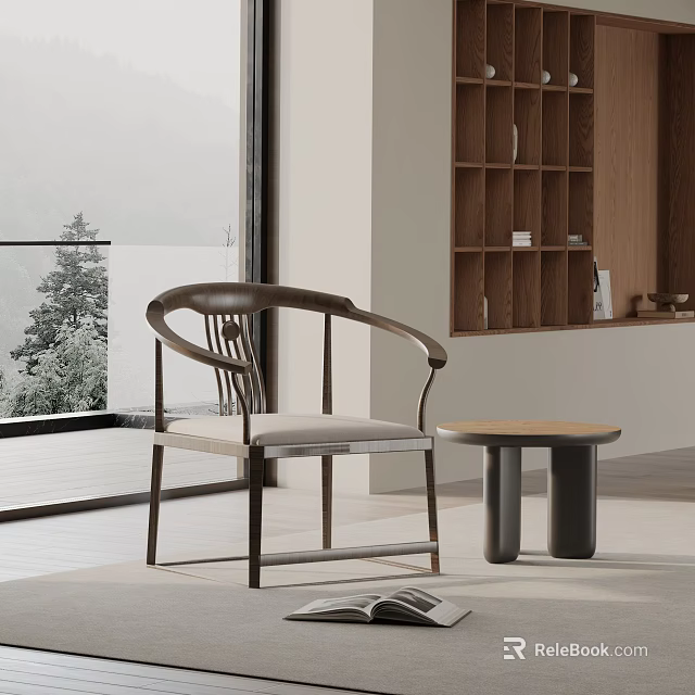 Modern Accent Chair with Wooden Frame Curved Armrests Padded Seat and Side Table by Window 3d model 