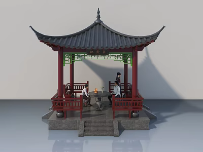 Chinese Style Swing Door Design With Red Pillars And Green Lattice Details 3d model
