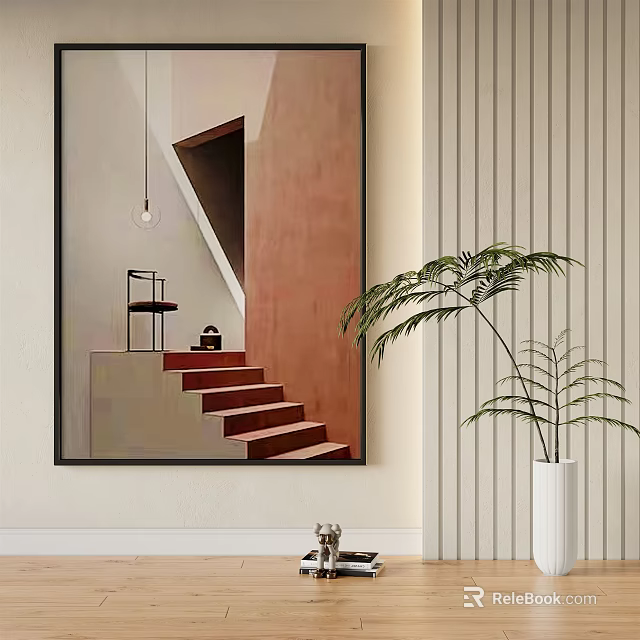Modern Interior With Vertical Striped Decor Wall Art Staircase Black Chair White Vase Palm Leaves 3d model 