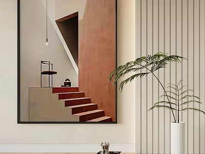 Modern Interior With Vertical Striped Decor Wall Art Staircase Black Chair White Vase Palm Leaves 3d model