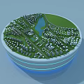 Aerial Planning of Circular Community Model with Green Area Lake and Buildings