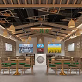 Cozy Modern Milk Tea Shop Interior With Wooden Decor Green Seats And Hanging Lamps