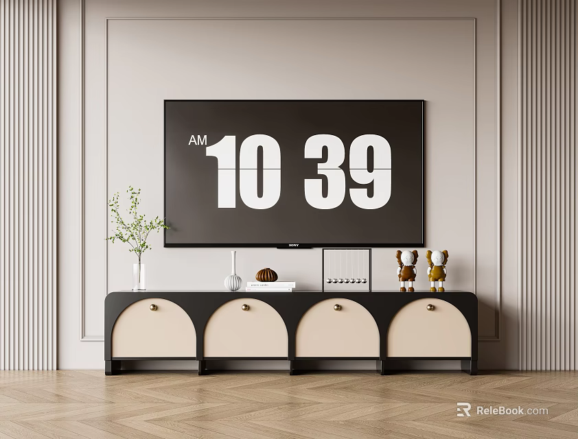 Modern TV Stand With Storage Drawers Decorative Vases And Small Statues On Wooden Floor 3d model 