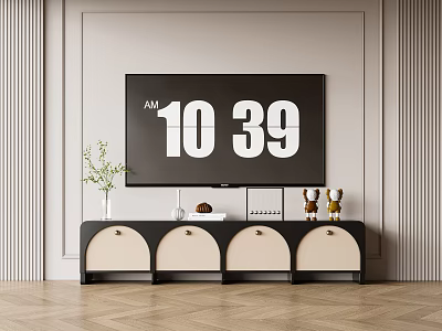 Modern TV Stand With Storage Drawers Decorative Vases And Small Statues On Wooden Floor 3d model