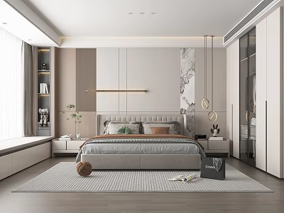 Modern Bedroom Interior Design With Large Bed Nightstands Wardrobe Lighting And Decorative Pillows 3d model
