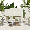 Elegant Outdoor Wicker Sofa With Green Cushions Side Tables And Palm Trees In Tropical Garden
