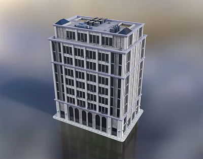 Modern Multi Storey Office Building Exterior With Large Windows Arched Base And Roof Details 3d model