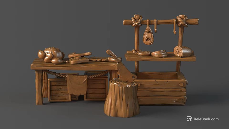 Wooden Sculpture Carving Workbench With Tools Hanging Knives Meat Roll And Stump Stool 3d model 