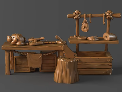 Wooden Sculpture Carving Workbench With Tools Hanging Knives Meat Roll And Stump Stool 3d model